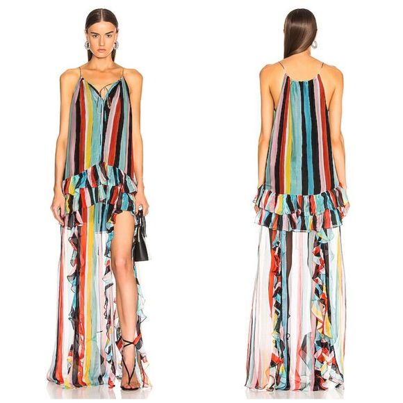 Caroline Constas Isla Silk Rainbow Striped Ruffle Halter Maxi Dress $895 Small - Picture 1 of 9